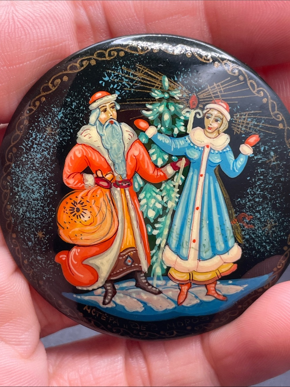 Russian Lacqure folk art pained brooch vintage - Picture 4 of 5